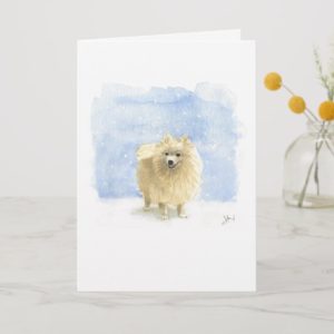 Pomeranian Eskie in the Snow Holiday Card