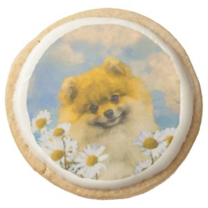 Pomeranian in Daisies Painting - Original Dog Art Round Shortbread Cookie