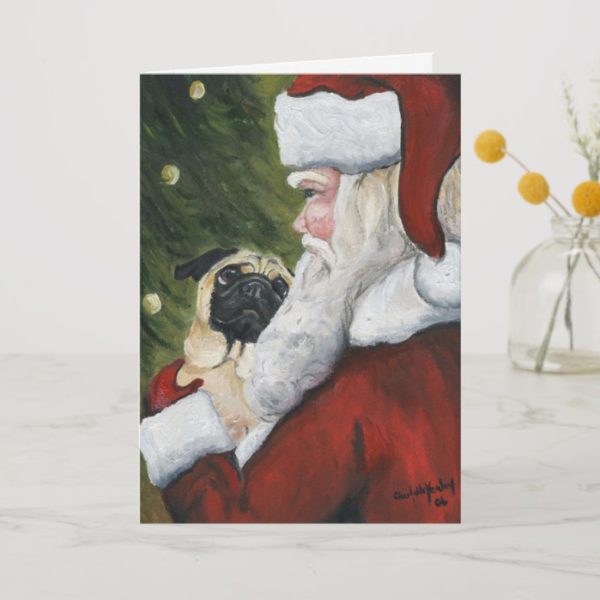 "Pug and Santa" Dog Art Christmas Card