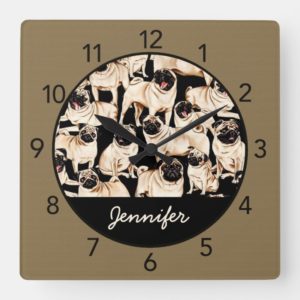 Pug Dogs Brown Personalized Wall Clock