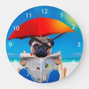 Pug reading newspaper on the beach large clock