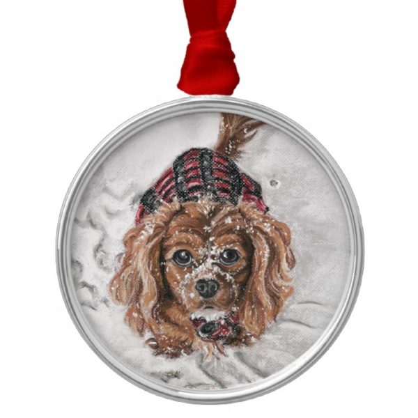 Ruby Cavalier King Charles Spaniel in the snow Metal Ornament