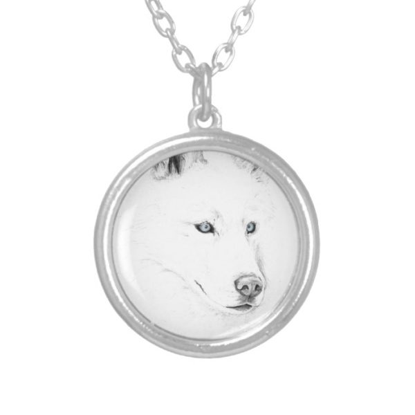 Saber A Siberian Husky Drawing Art Blue Eyes Silver Plated Necklace
