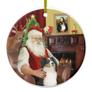 Santa-Aussie Shepherd (Tri 2) Ceramic Ornament