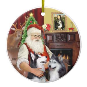 Santa - Siberian Huskies (TWO) Ceramic Ornament