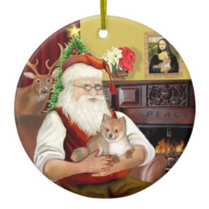 Santa's Pomeranian (R) Ceramic Ornament