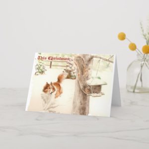 Sheltie Chasing Squirrel Christmas Card