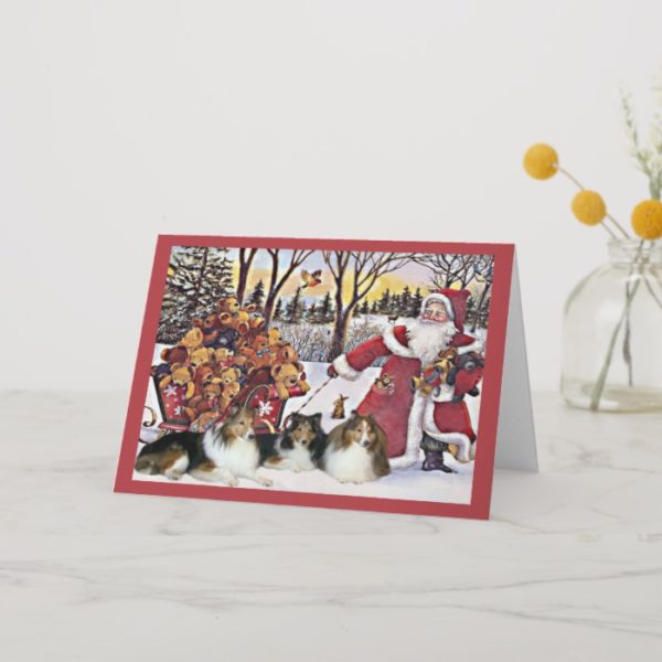 Sheltie Christmas Card Santa Bears In Sleigh