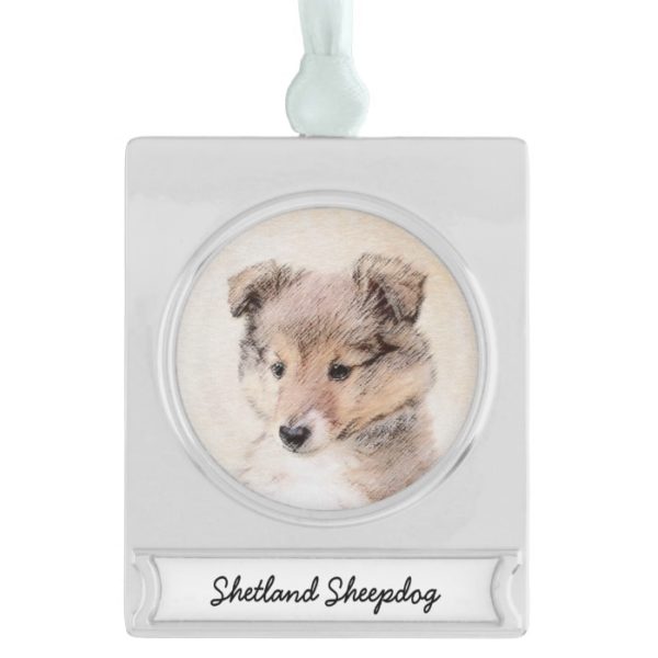 Shetland Sheepdog Puppy Painting Original Dog Art Silver Plated Banner Ornament