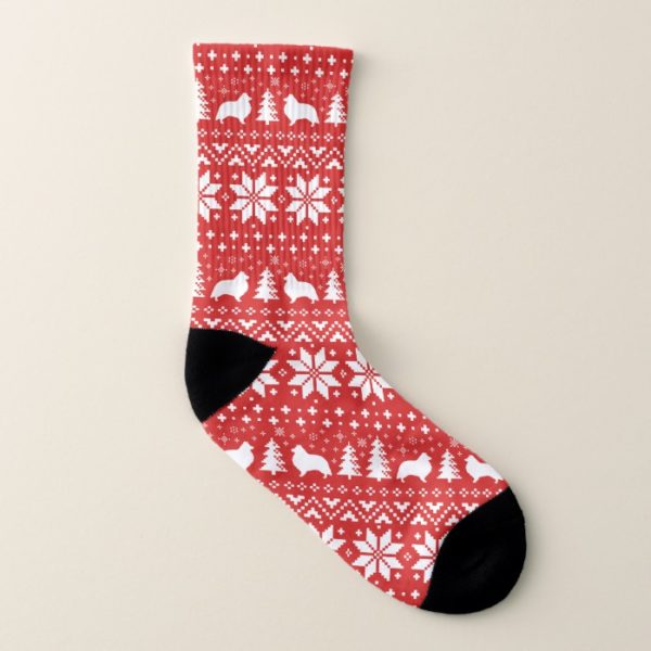 Shetland Sheepdog Silhouettes Red Holiday Pattern Socks