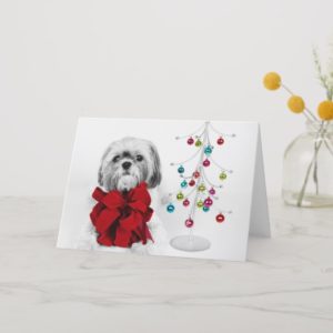 Shih Tzu dog with red bow by toy Christmas tree Holiday Card