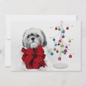 Shih Tzu dog with red bow by toy Christmas tree Holiday Card