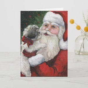 "Shih tzu Kisses for Santa" Dog Art Christmas Card