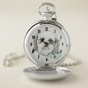 Shih Tzu Painting - Cute Original Dog Art Pocket Watch