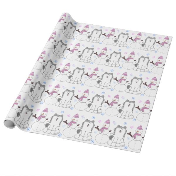 Siberian Husky And Snowman Wrapping Paper