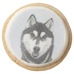 Siberian Husky (Black and White) Painting Dog Art Round Shortbread Cookie