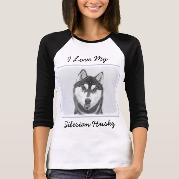 Siberian Husky (Black and White) Painting Dog Art T-Shirt