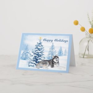 Siberian Husky Christmas Card Blue Tree