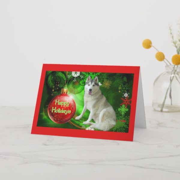Siberian Husky Christmas Card Red Ball Green
