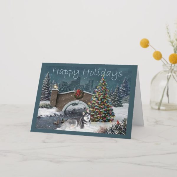 Siberian Husky Christmas Evening Holiday Card