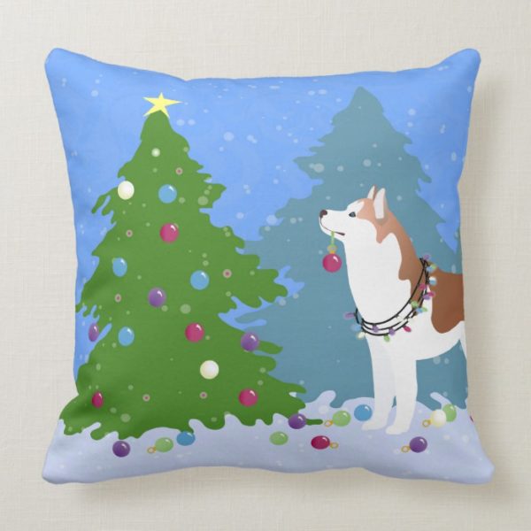 Siberian Husky Decorating Christmas Tree -Forest Throw Pillow