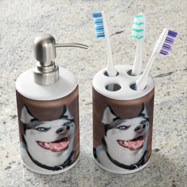 Siberian Husky dog blue eyes Soap Dispenser & Toothbrush Holder
