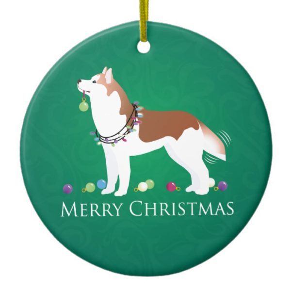 Siberian Husky - Red - Merry Christmas Design Ceramic Ornament