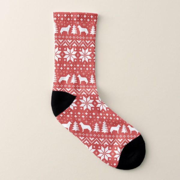 Siberian Husky Silhouettes Red Holiday Pattern Socks