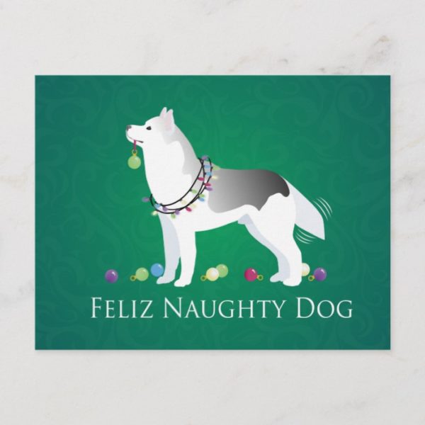 Silver Siberian Husky Feliz Naughty Dog Christmas Holiday Postcard