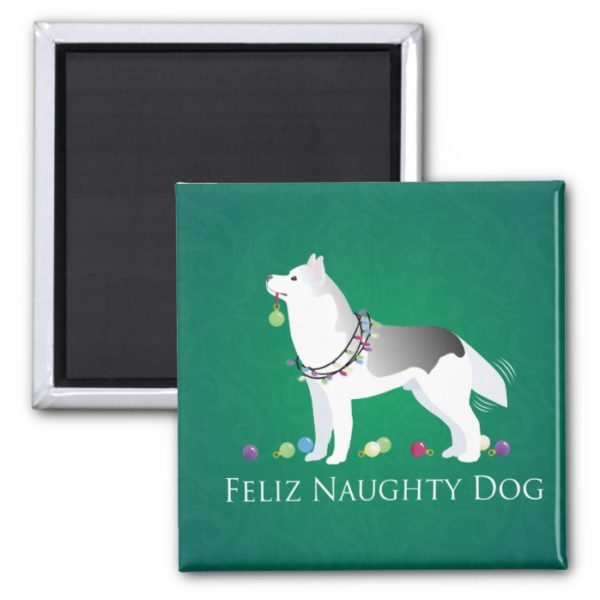 Silver Siberian Husky Feliz Naughty Dog Christmas Magnet
