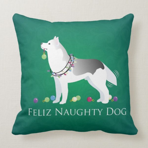 Silver Siberian Husky Feliz Naughty Dog Christmas Throw Pillow