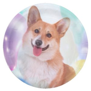 Smiling Pembroke Welsh Corgi with Balloons Paper Plate