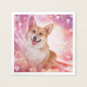 Smiling Welsh Corgi with Hearts Paper Napkin