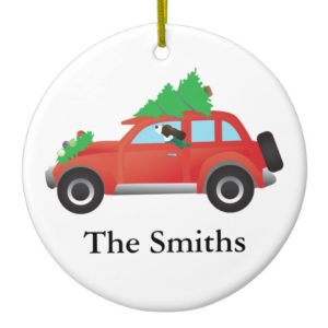 Springer Spaniel Driving car w/ Christmas Tree Ceramic Ornament
