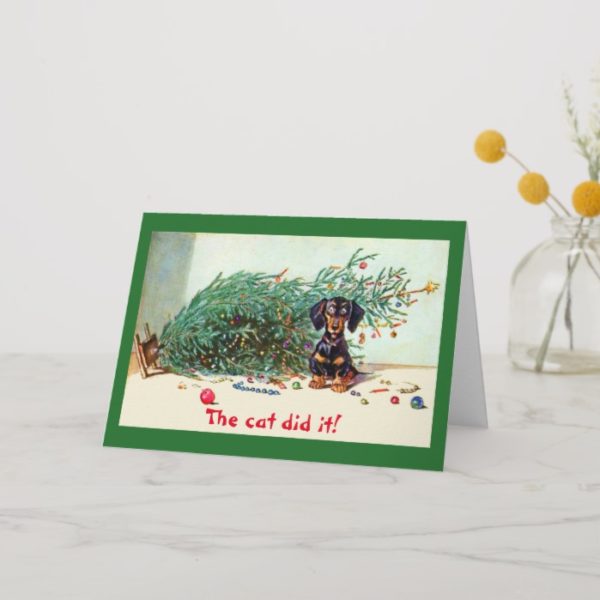 The cat did it! Funny Christmas Naughty Dachshund Holiday Card