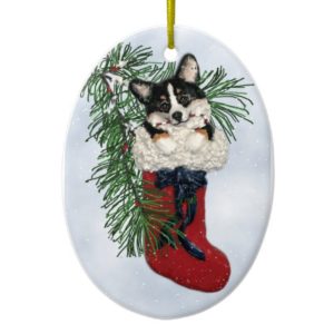 Tri-Color Corgi in Christmas Stocking Ornament