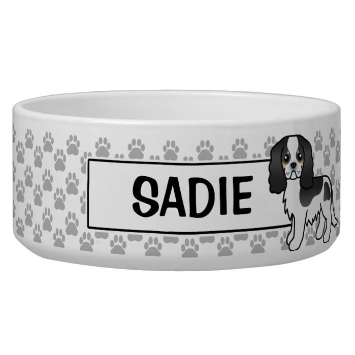 Tricolor Cavalier King Charles Spaniel Cartoon Dog Bowl
