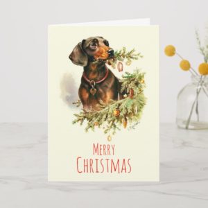 Vintage Christmas dachshund dog Holiday Card