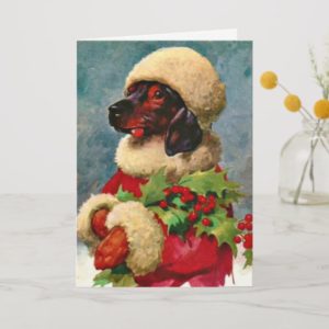 Vintage Christmas Dachshund Santa dog Holiday Card