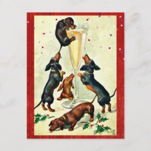 Vintage Christmas dachshunds drink champagne Holiday Postcard