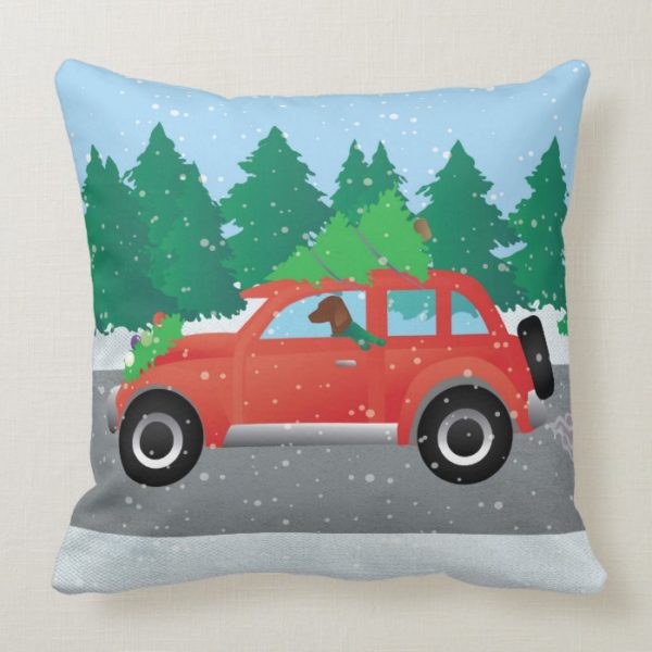 Vizsla Dog Driving a Christmas Car Throw Pillow