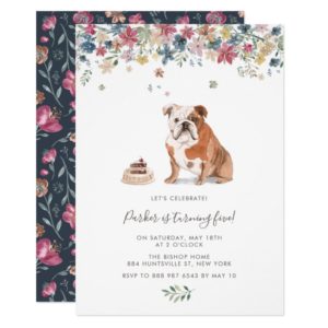 Watercolor English Bulldog Floral Birthday Party Invitation