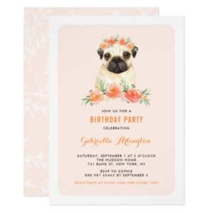 Watercolor Pug Peach Floral Birthday Invitation