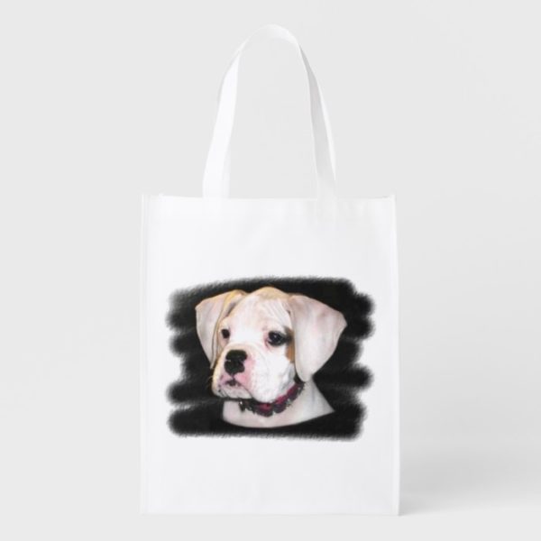 White Boxer puppy Reusable Grocery Bag