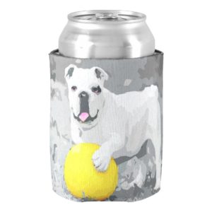 White English Bulldog Portrait With Ball Can Cooler
