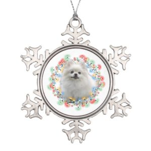 White Pomeranian in Christmas Lights Snowflake Pewter Christmas Ornament