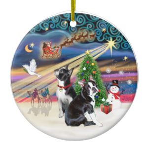 Xmas Magic- Boston Terriers (two) Ceramic Ornament
