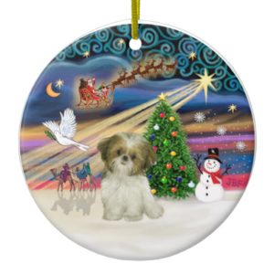 Xmas Magic - Shih Tzu Puppy (brown-white) Ceramic Ornament